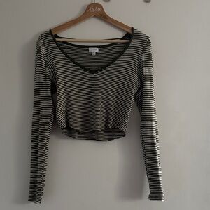 LA HEARTS Green and White Striped V-Neck Long Sleeve Top